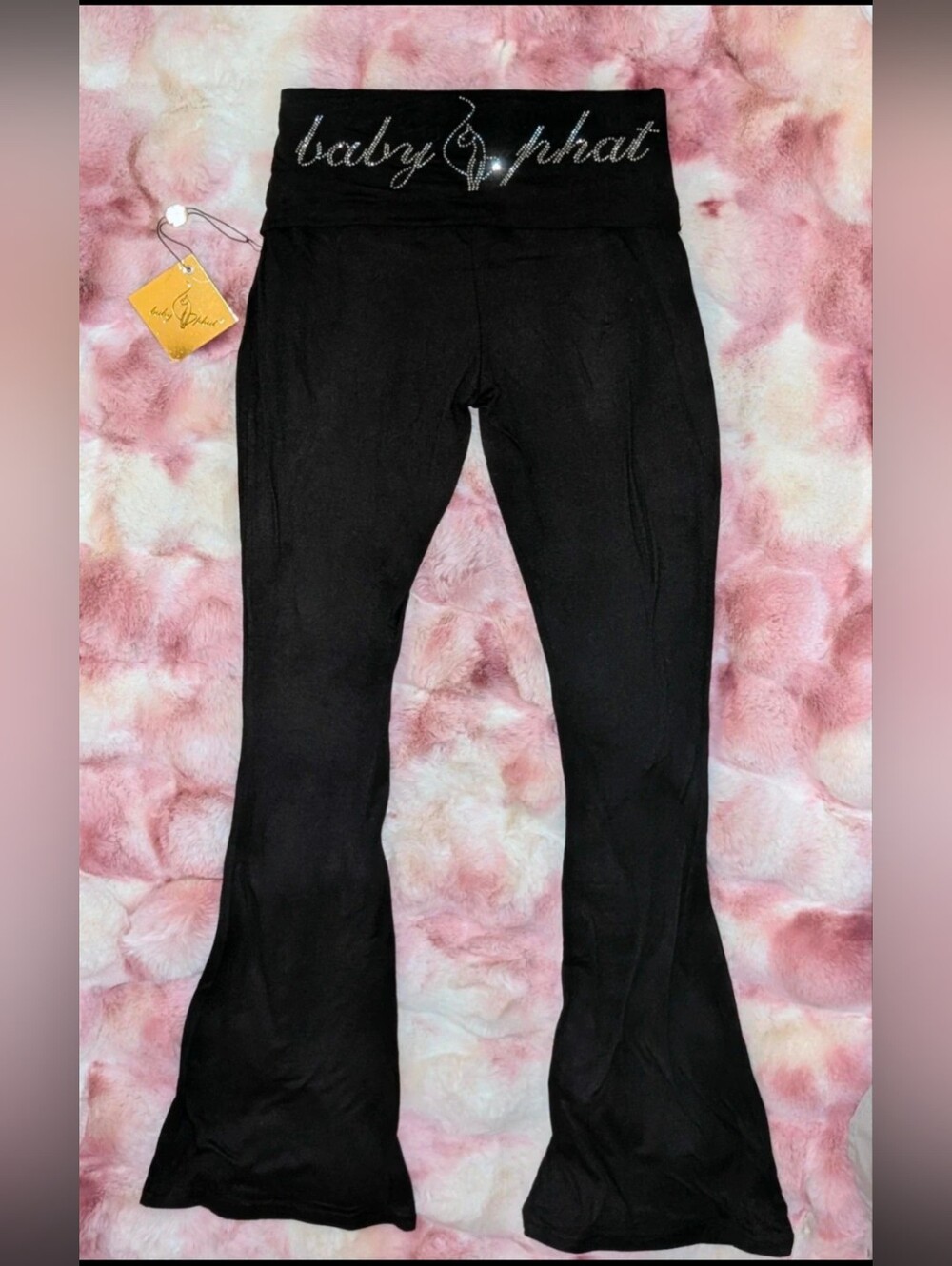 🐈⬛ Baby Phat Black Rhinestone Fold Over Waistband Flare Yoga Pants NWT 🐈⬛
